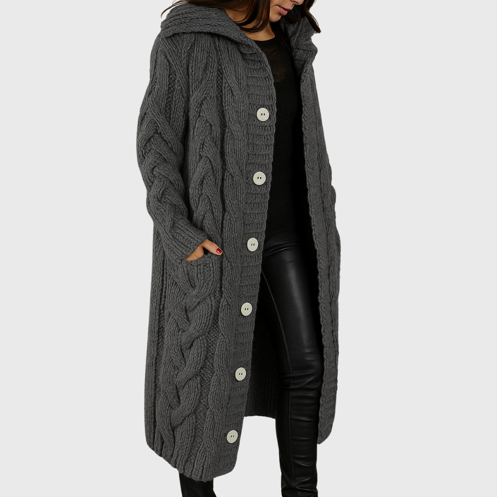 Women's Longline Cable Knit Cardigan with Hood and Button Front