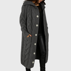 Women's Longline Cable Knit Cardigan with Hood and Button Front