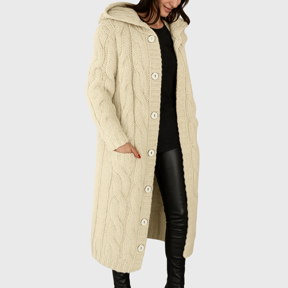 Women's Longline Cable Knit Cardigan with Hood and Button Front