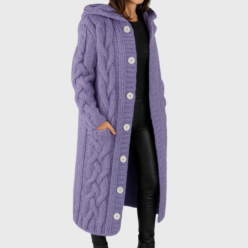 Women's Longline Cable Knit Cardigan with Hood and Button Front