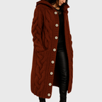Women's Longline Cable Knit Cardigan with Hood and Button Front