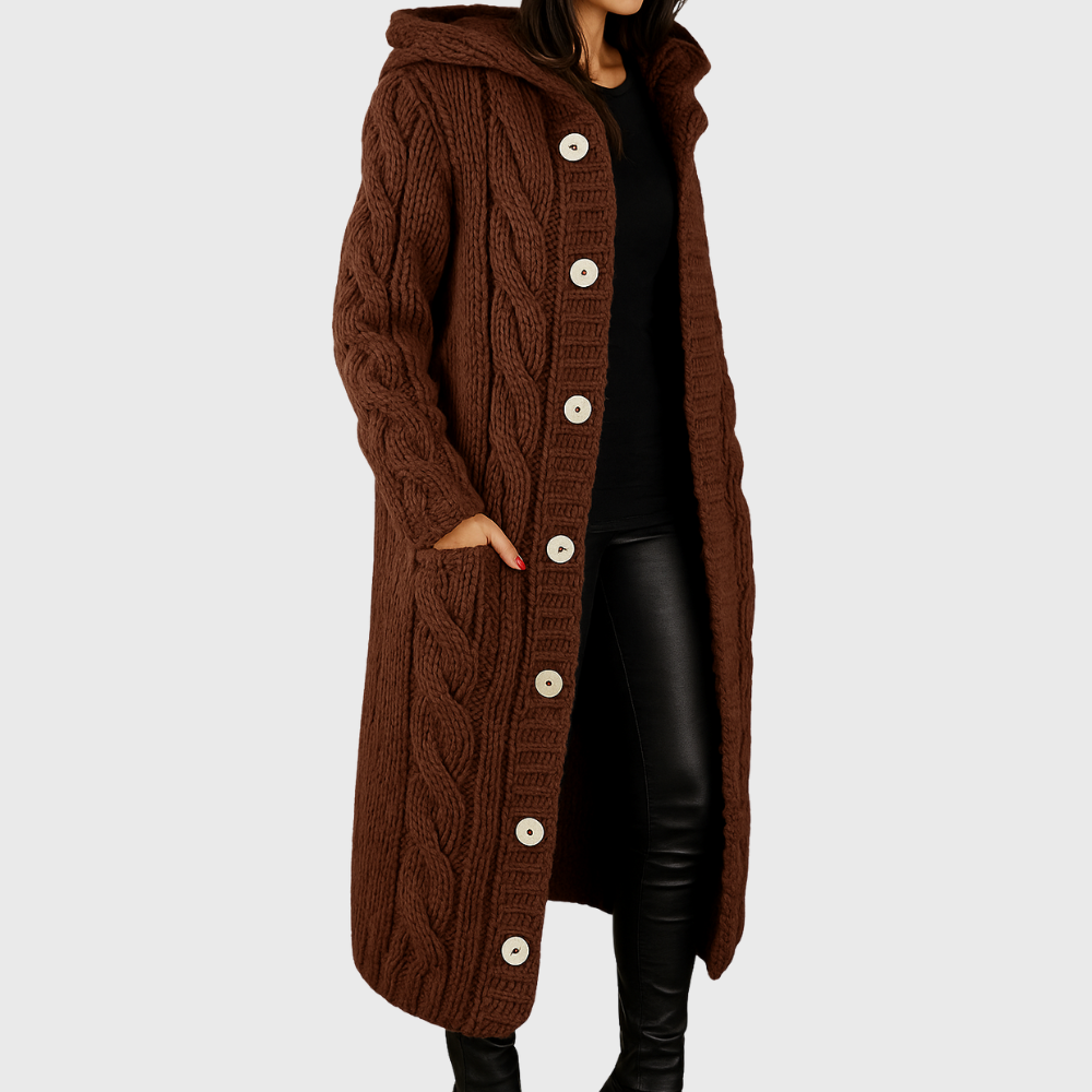 Women's Longline Cable Knit Cardigan with Hood and Button Front