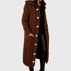 Women's Longline Cable Knit Cardigan with Hood and Button Front