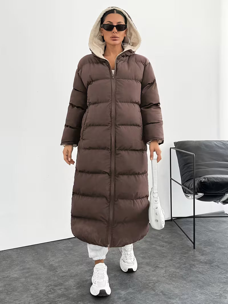 Women's Longline Hooded Puffer Coat with Zip Front and Pockets