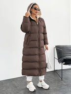 Women's Longline Hooded Puffer Coat with Zip Front and Pockets