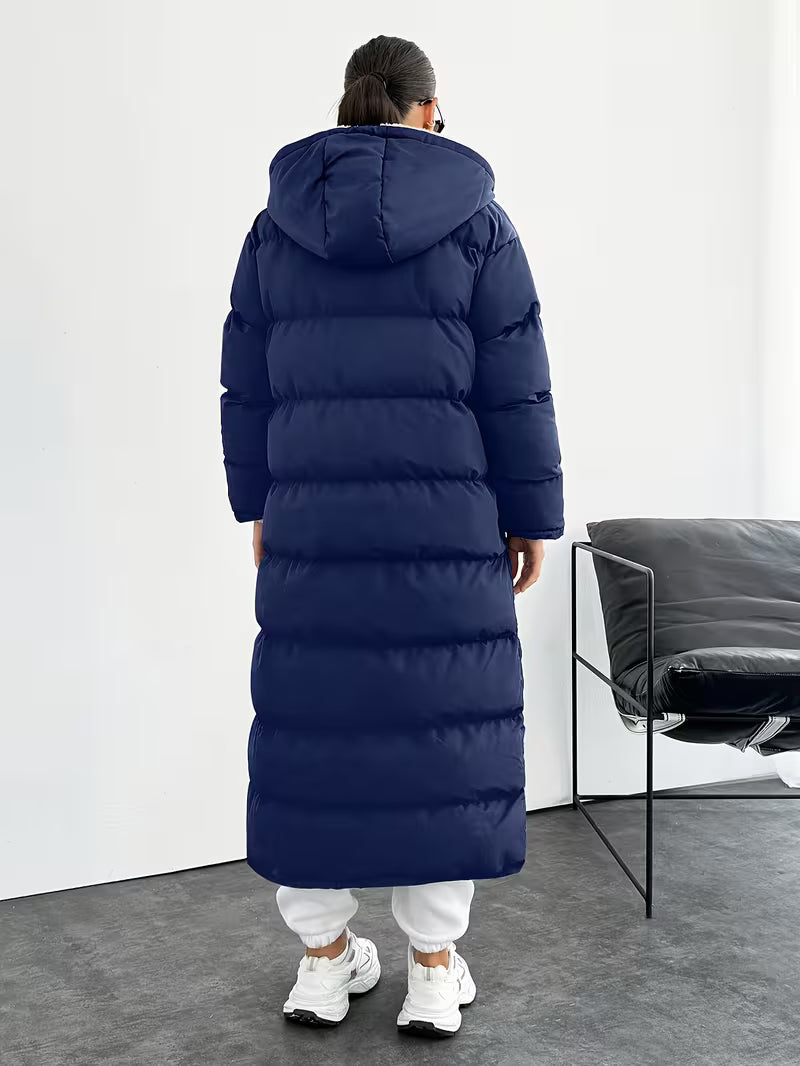 Women's Longline Hooded Puffer Coat with Zip Front and Pockets