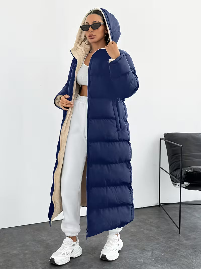 Women's Longline Hooded Puffer Coat with Zip Front and Pockets