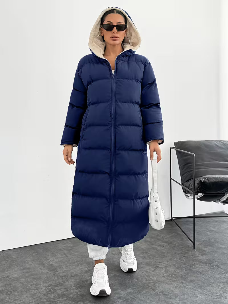Women's Longline Hooded Puffer Coat with Zip Front and Pockets