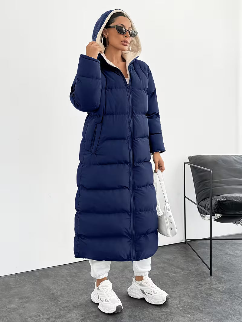 Women's Longline Hooded Puffer Coat with Zip Front and Pockets