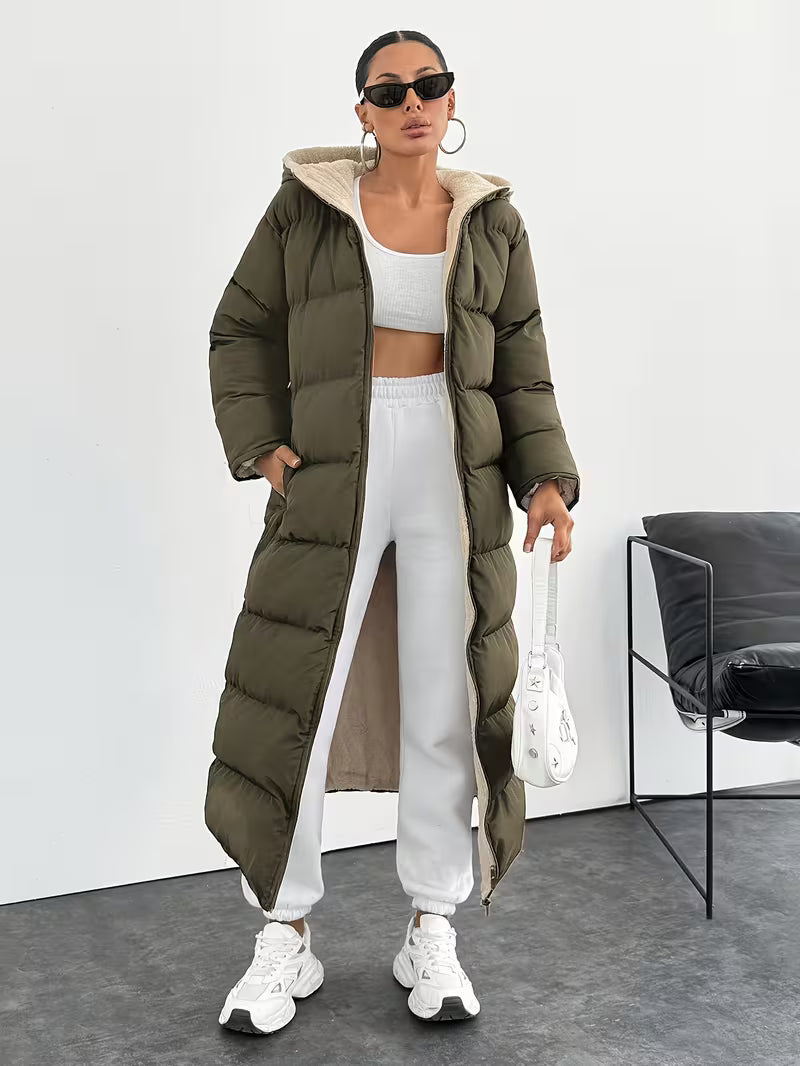 Women's Longline Hooded Puffer Coat with Zip Front and Pockets