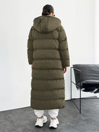 Women's Longline Hooded Puffer Coat with Zip Front and Pockets