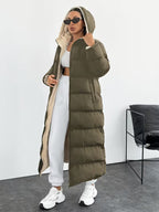 Women's Longline Hooded Puffer Coat with Zip Front and Pockets