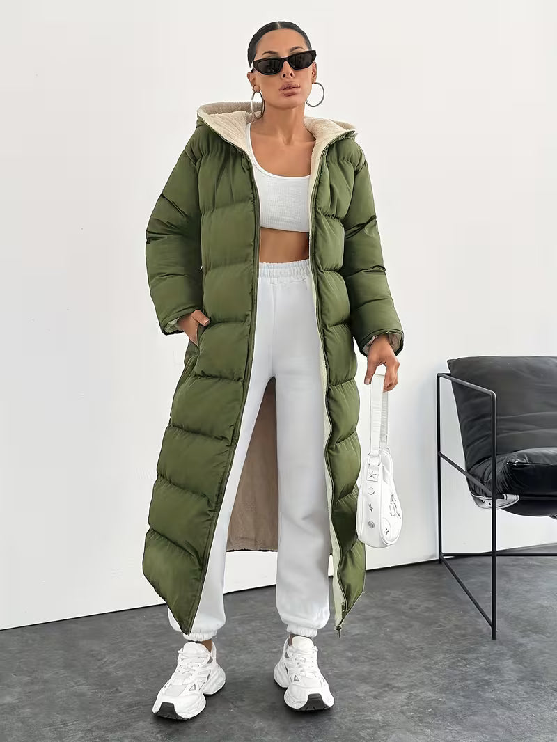 Women's Longline Hooded Puffer Coat with Zip Front and Pockets