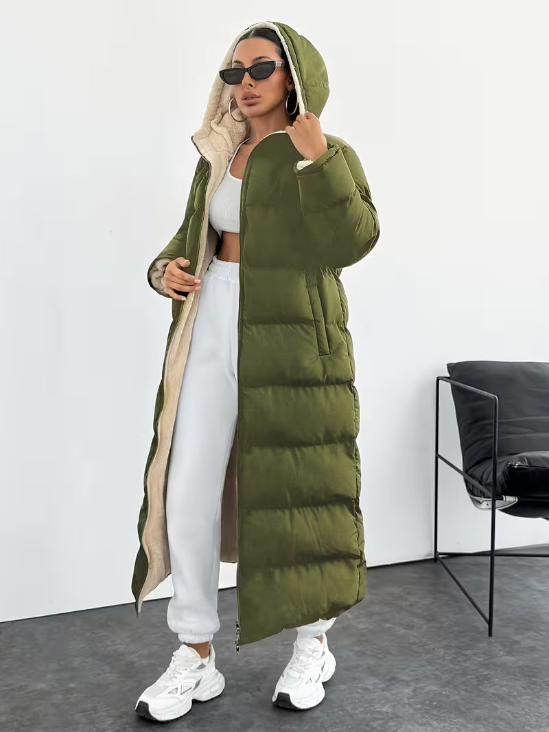 Women's Longline Hooded Puffer Coat with Zip Front and Pockets