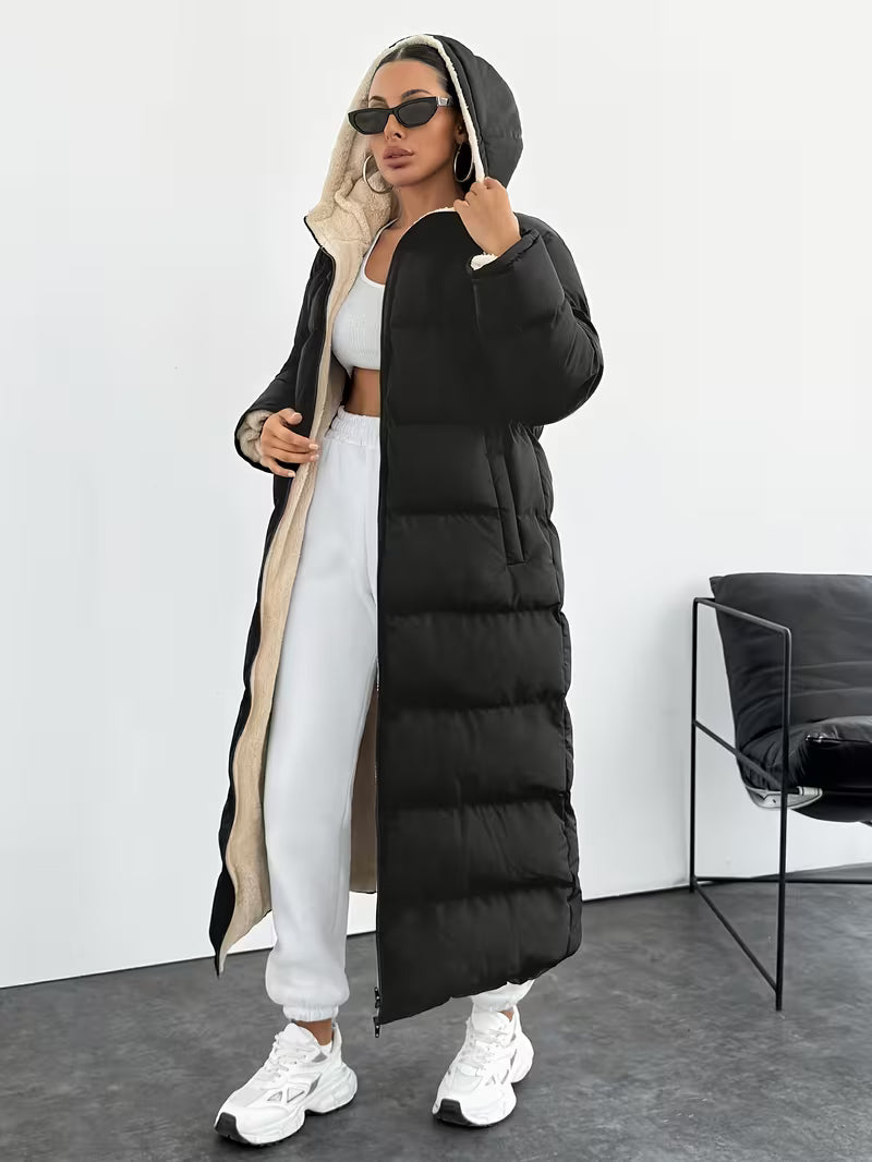 Women's Longline Hooded Puffer Coat with Zip Front and Pockets