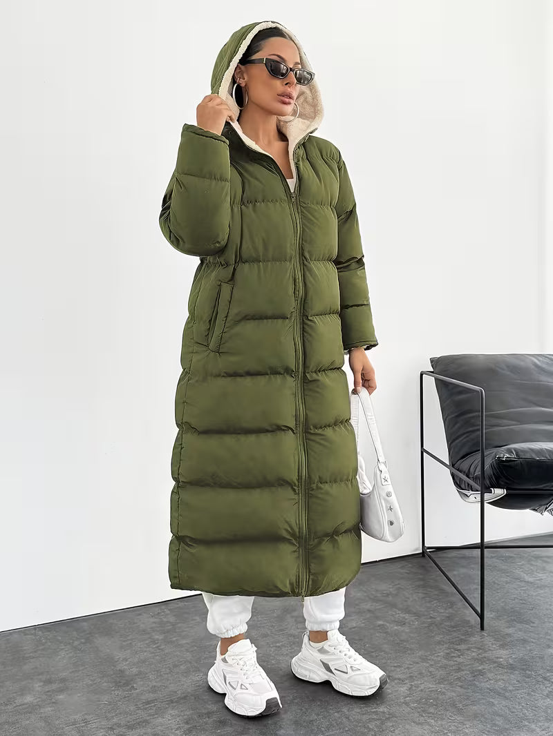 Women's Longline Hooded Puffer Coat with Zip Front and Pockets