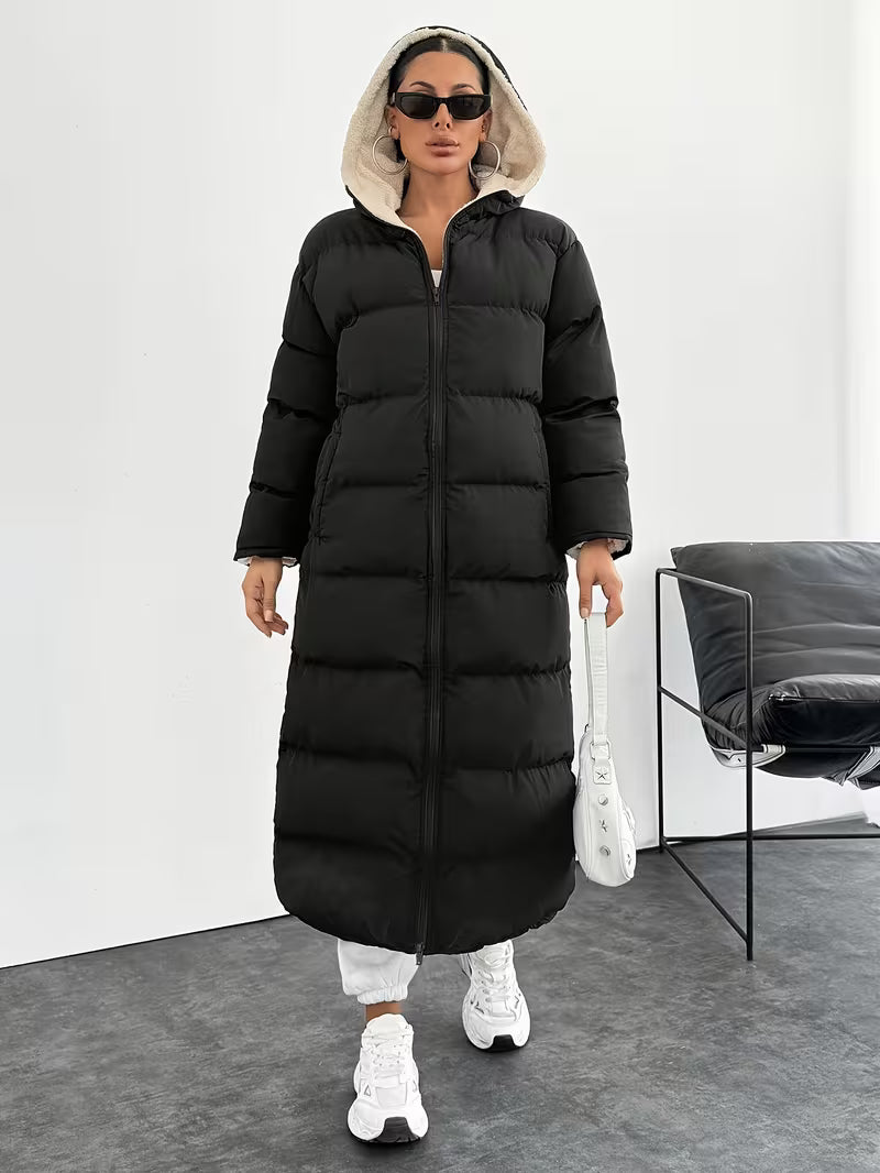 Women's Longline Hooded Puffer Coat with Zip Front and Pockets