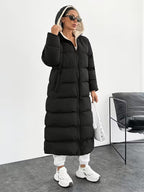 Women's Longline Hooded Puffer Coat with Zip Front and Pockets