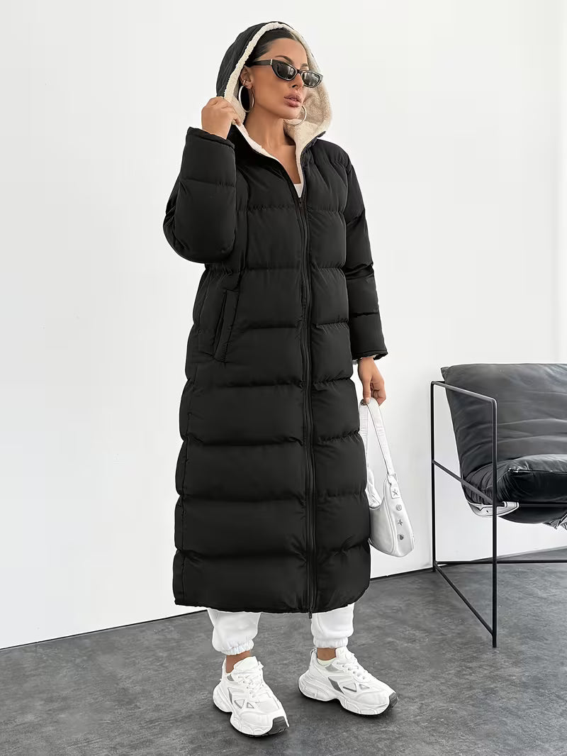Women's Longline Hooded Puffer Coat with Zip Front and Pockets