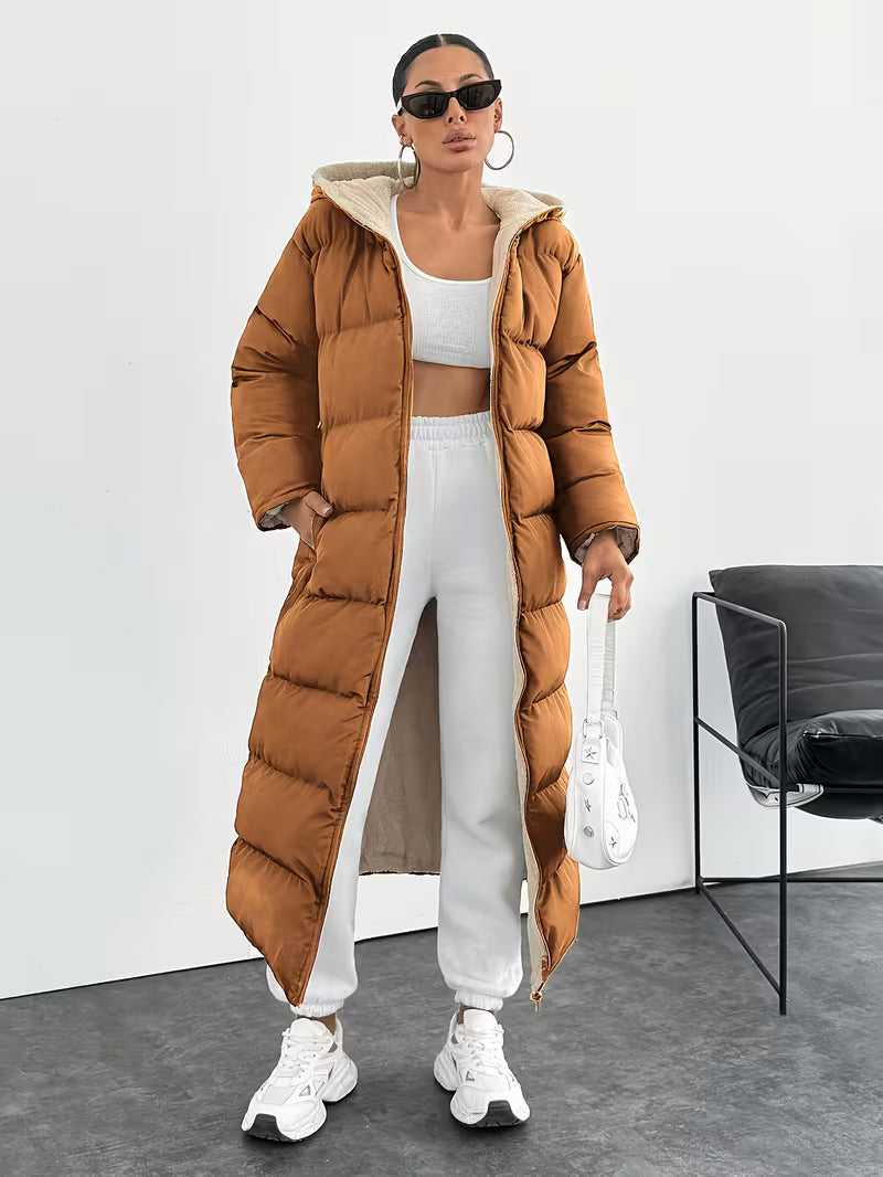 Women's Longline Hooded Puffer Coat with Zip Front and Pockets