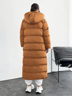 Women's Longline Hooded Puffer Coat with Zip Front and Pockets