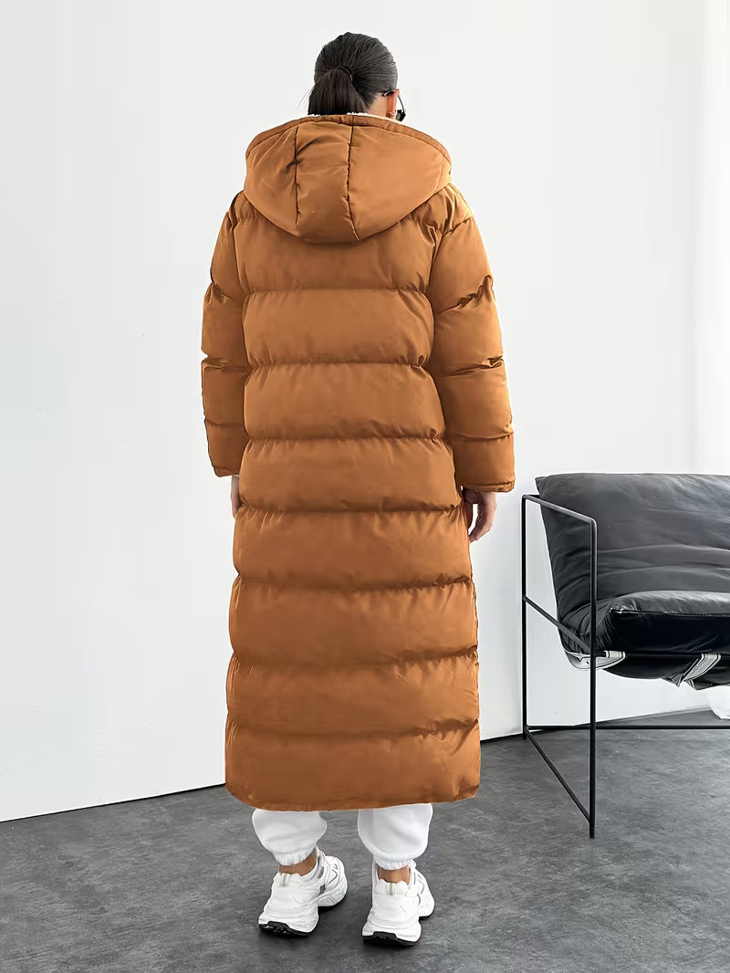 Women's Longline Hooded Puffer Coat with Zip Front and Pockets