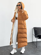 Women's Longline Hooded Puffer Coat with Zip Front and Pockets