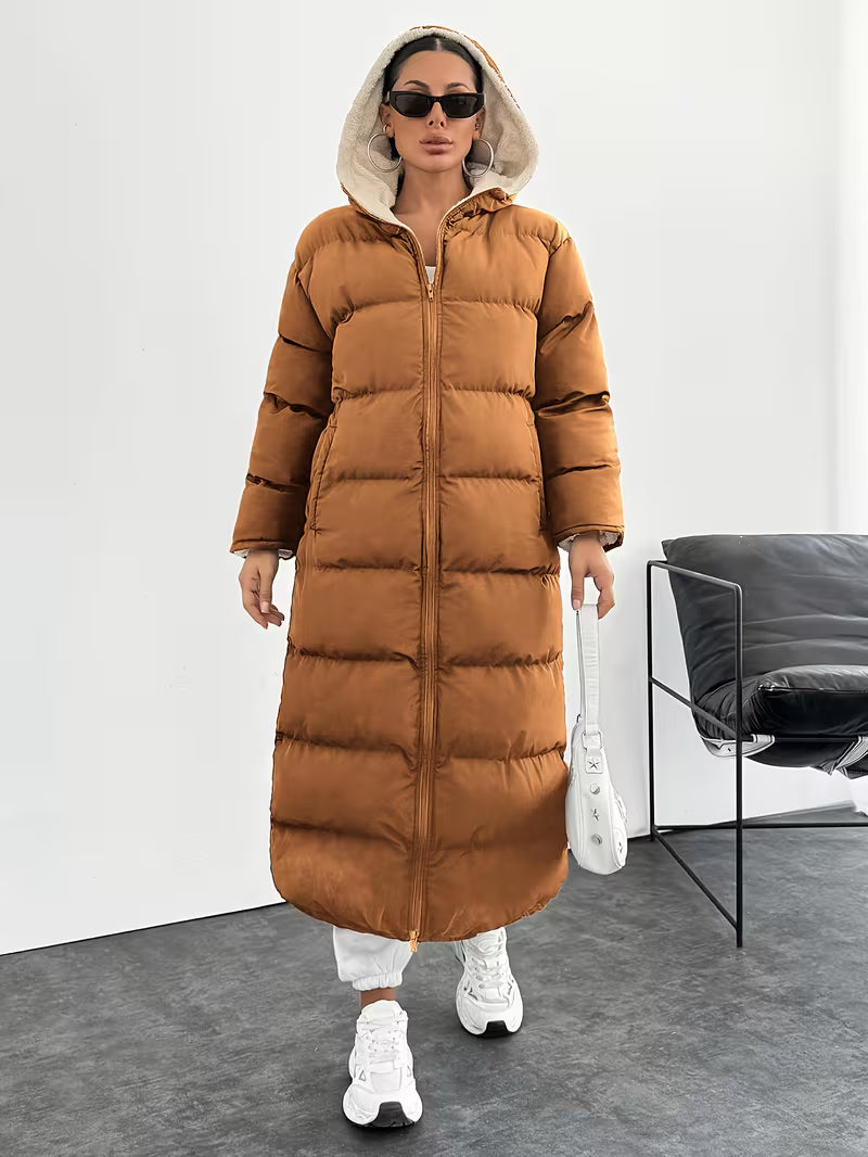Women's Longline Hooded Puffer Coat with Zip Front and Pockets