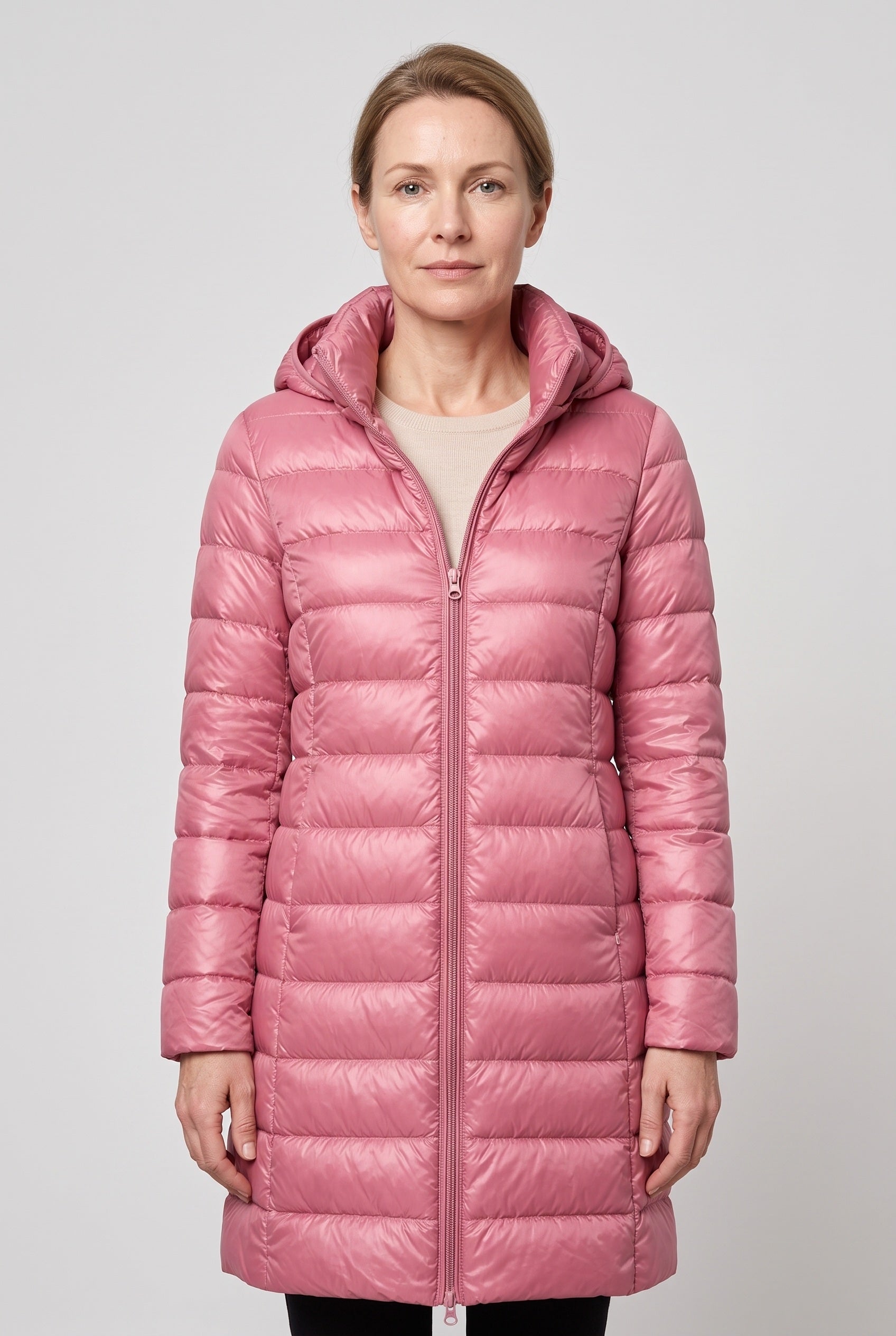 Women's Long Puffer Coat with Hood and Zip Front