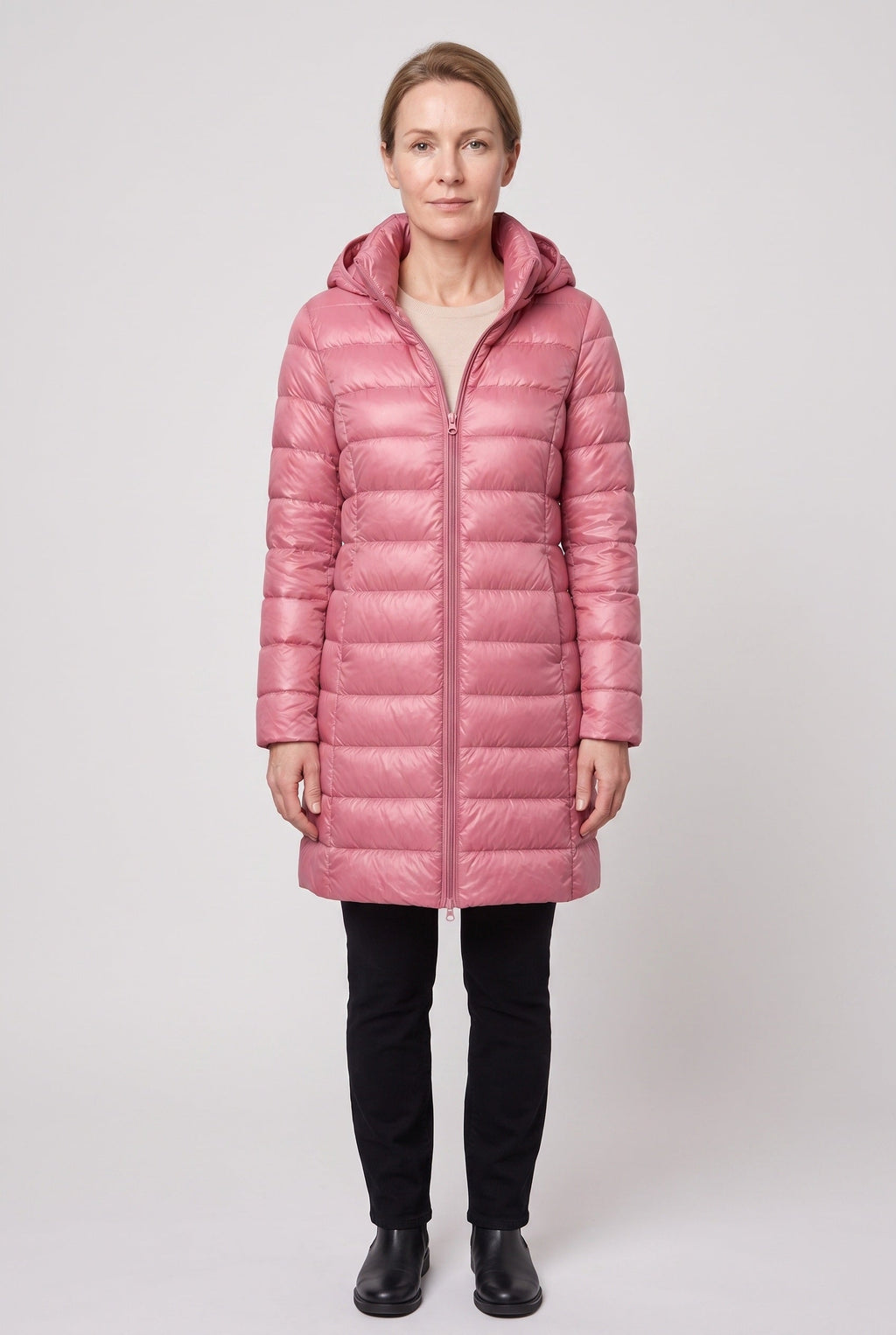 Women's Long Puffer Coat with Hood and Zip Front