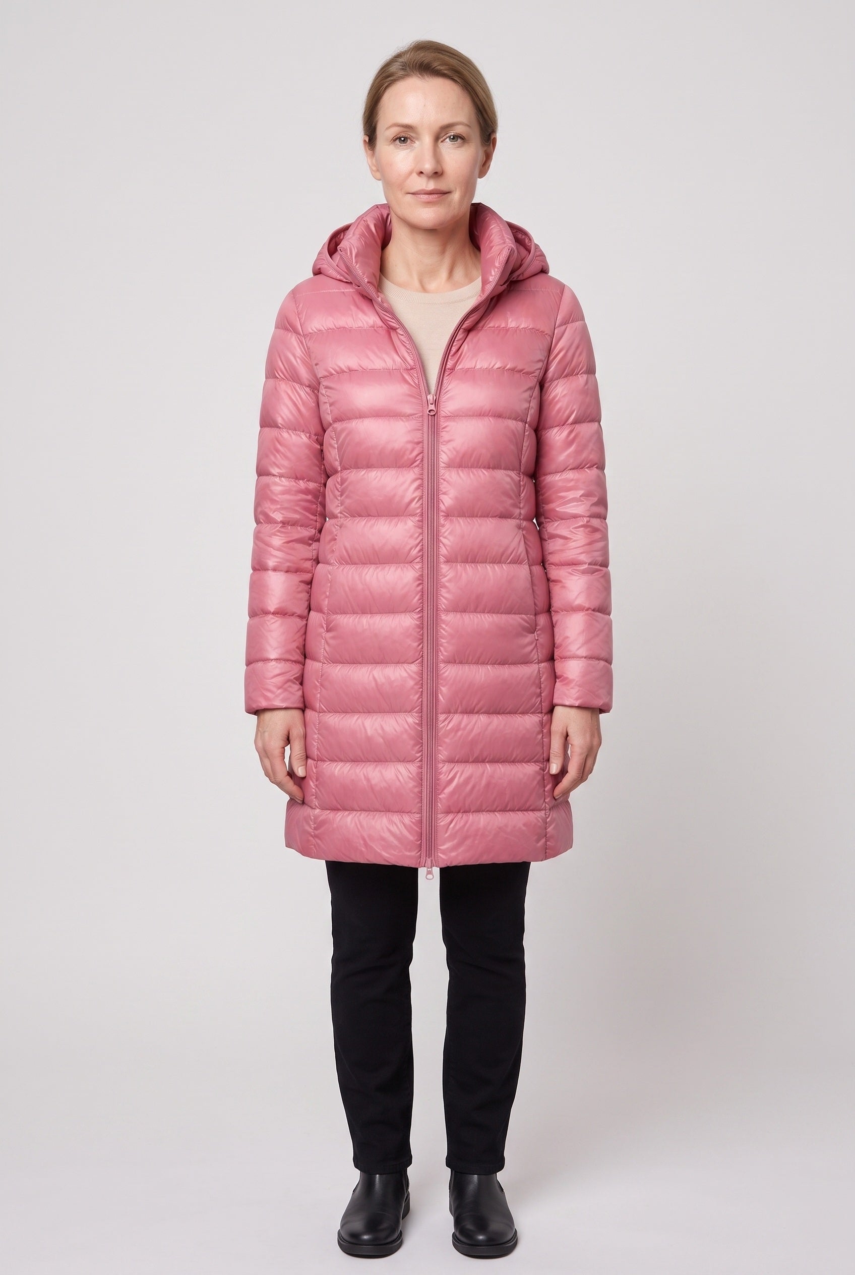 Women's Long Puffer Coat with Hood and Zip Front