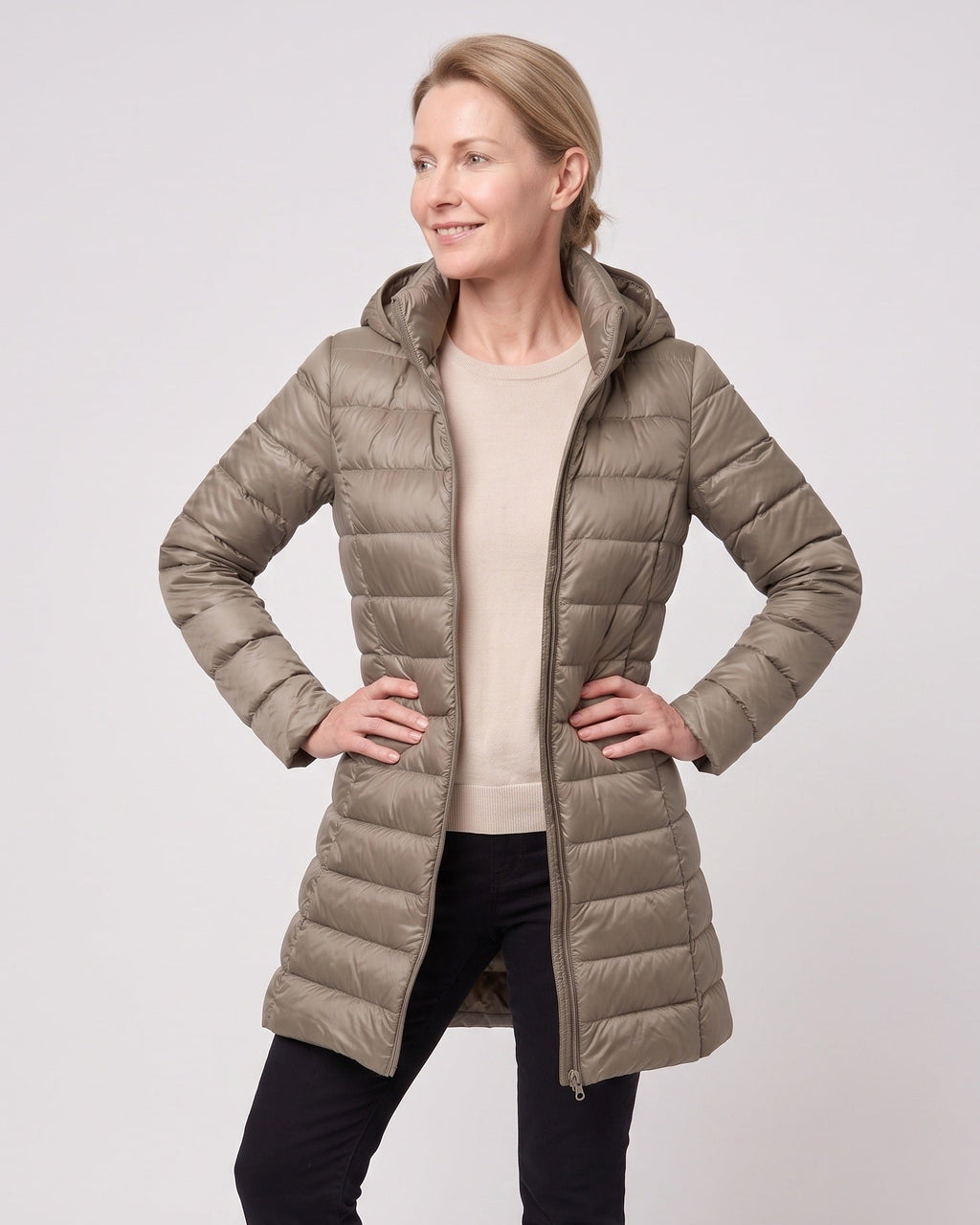 Women's Long Puffer Coat with Hood and Zip Front