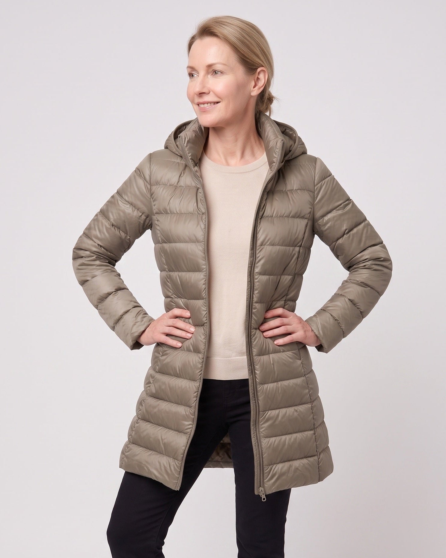 Women's Long Puffer Coat with Hood and Zip Front