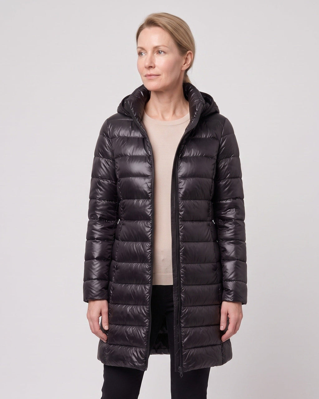 Women's Long Puffer Coat with Hood and Zip Front
