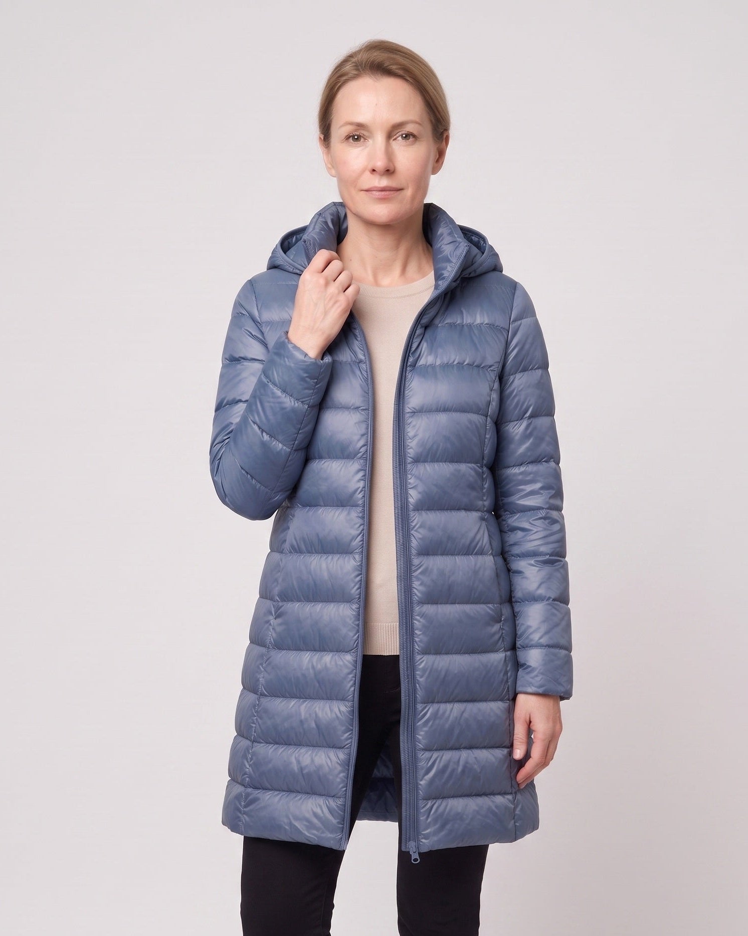 Women's Long Puffer Coat with Hood and Zip Front
