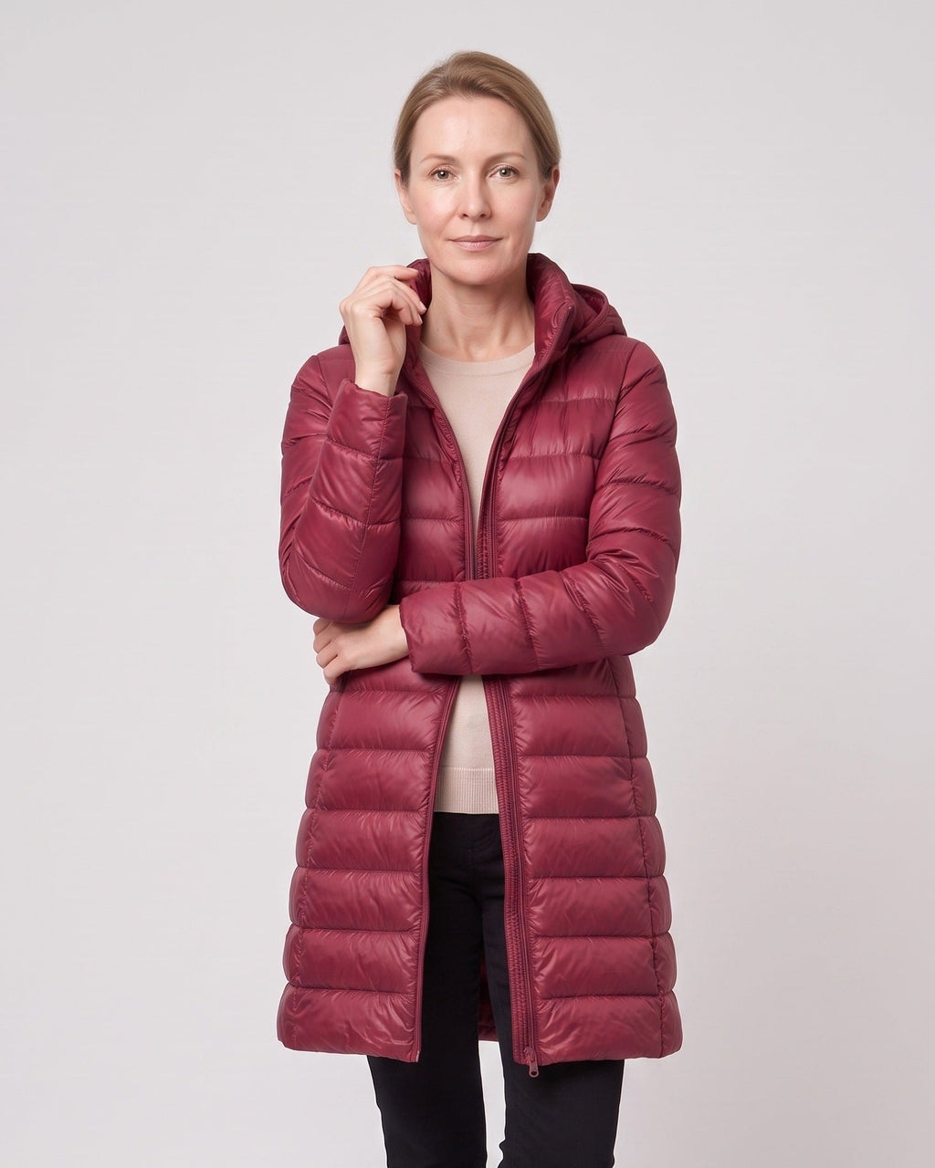 Women's Long Puffer Coat with Hood and Zip Front