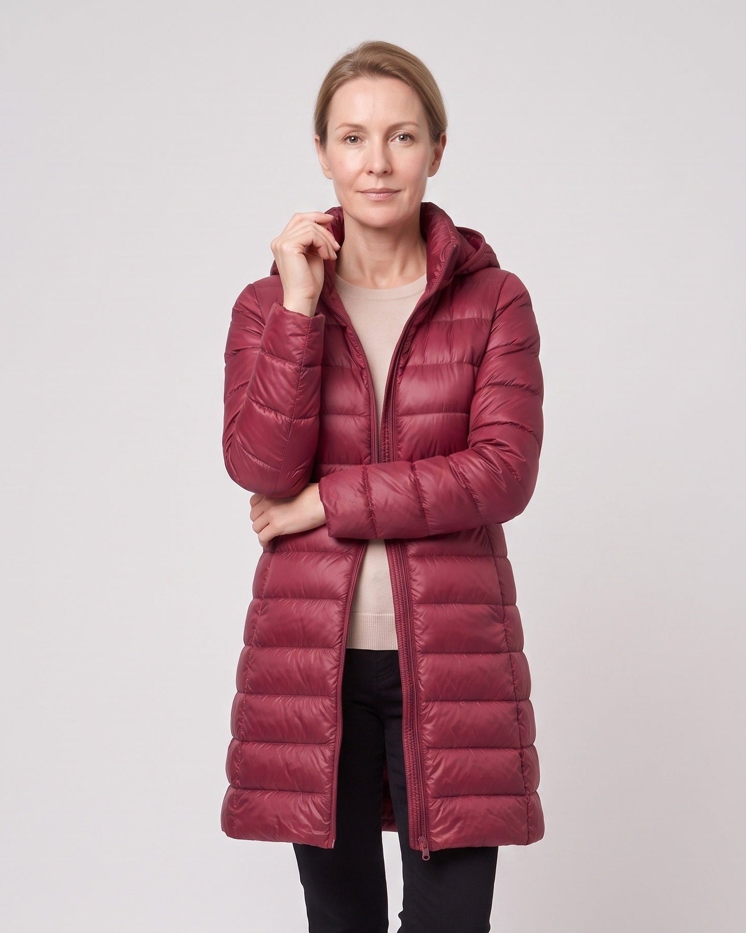 Women's Long Puffer Coat with Hood and Zip Front