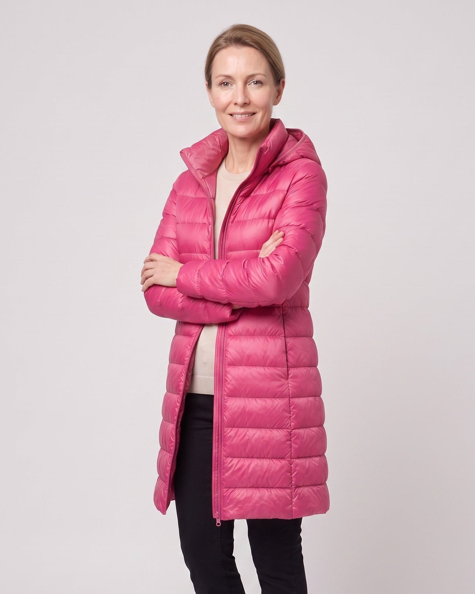 Women's Long Puffer Coat with Hood and Zip Front