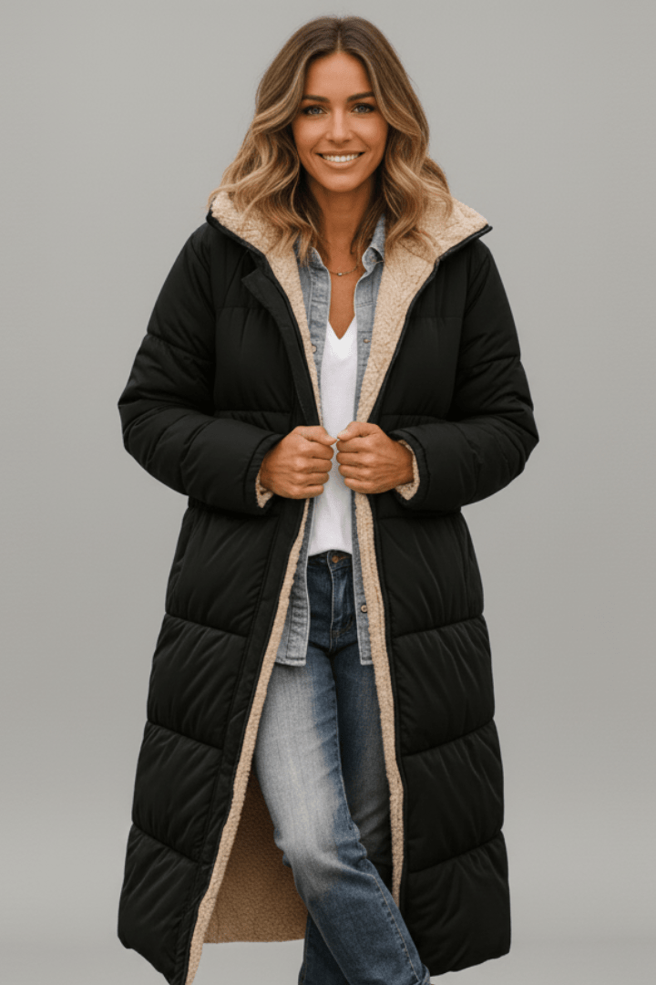 Women's Longline Puffer Coat with Sherpa Lining and Stand Collar