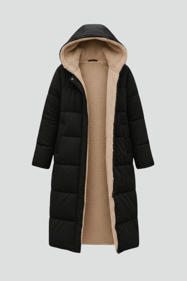 Women's Longline Puffer Coat with Sherpa Lining and Stand Collar