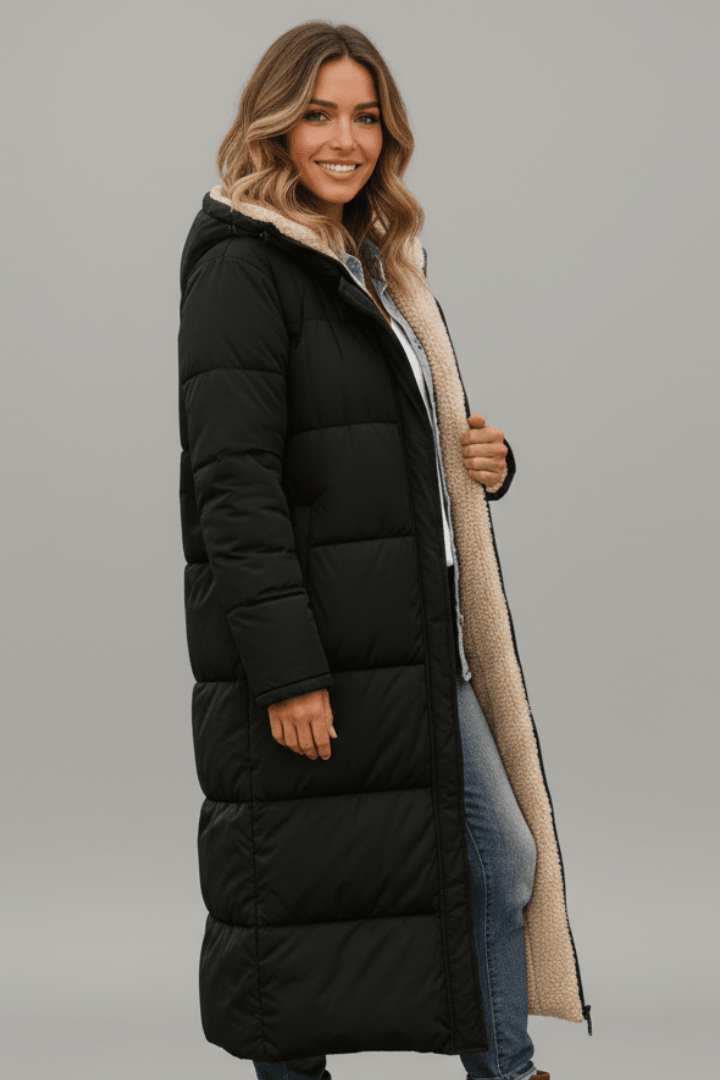 Women's Longline Puffer Coat with Sherpa Lining and Stand Collar