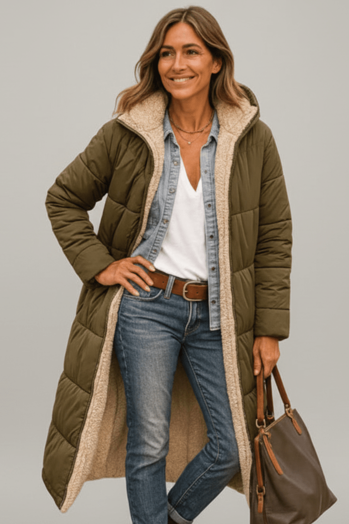Women's Longline Puffer Coat with Sherpa Lining and Stand Collar