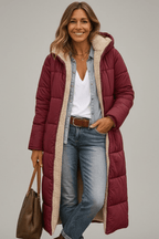 Women's Longline Puffer Coat with Sherpa Lining and Stand Collar