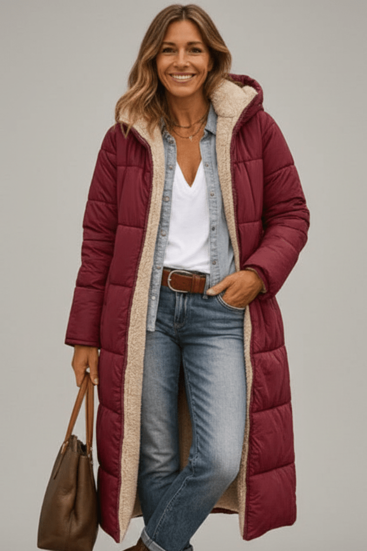 Women's Longline Puffer Coat with Sherpa Lining and Stand Collar