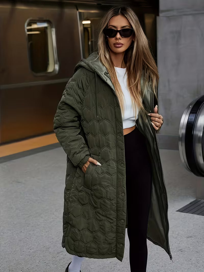 Women's Longline Quilted Hooded Coat with Zip Front and Snap Buttons