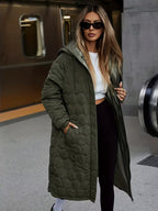Women's Longline Quilted Hooded Coat with Zip Front and Snap Buttons