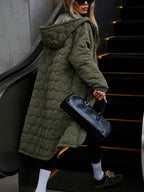 Women's Longline Quilted Hooded Coat with Zip Front and Snap Buttons