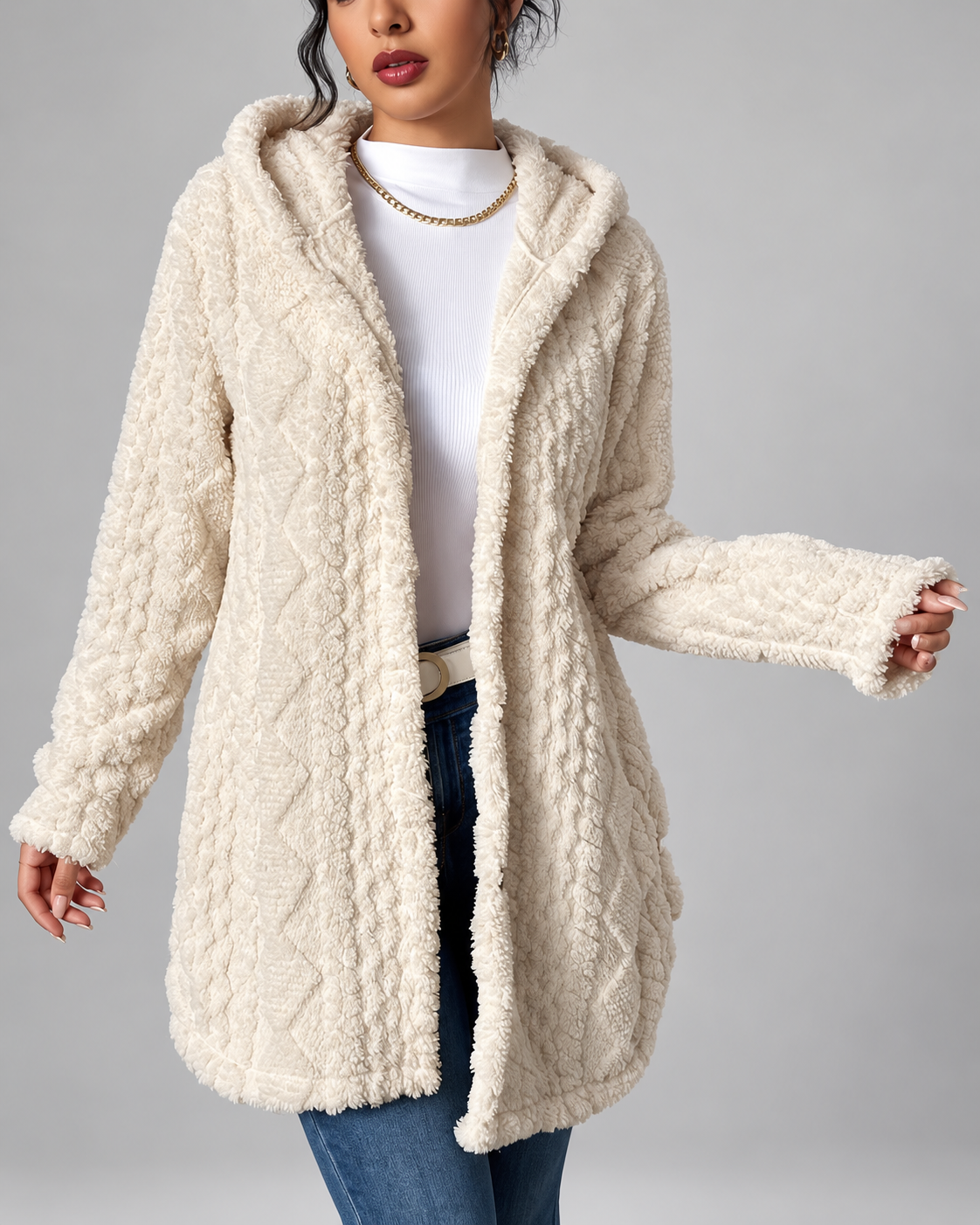 Cream longline teddy fleece cable knit jacket front open