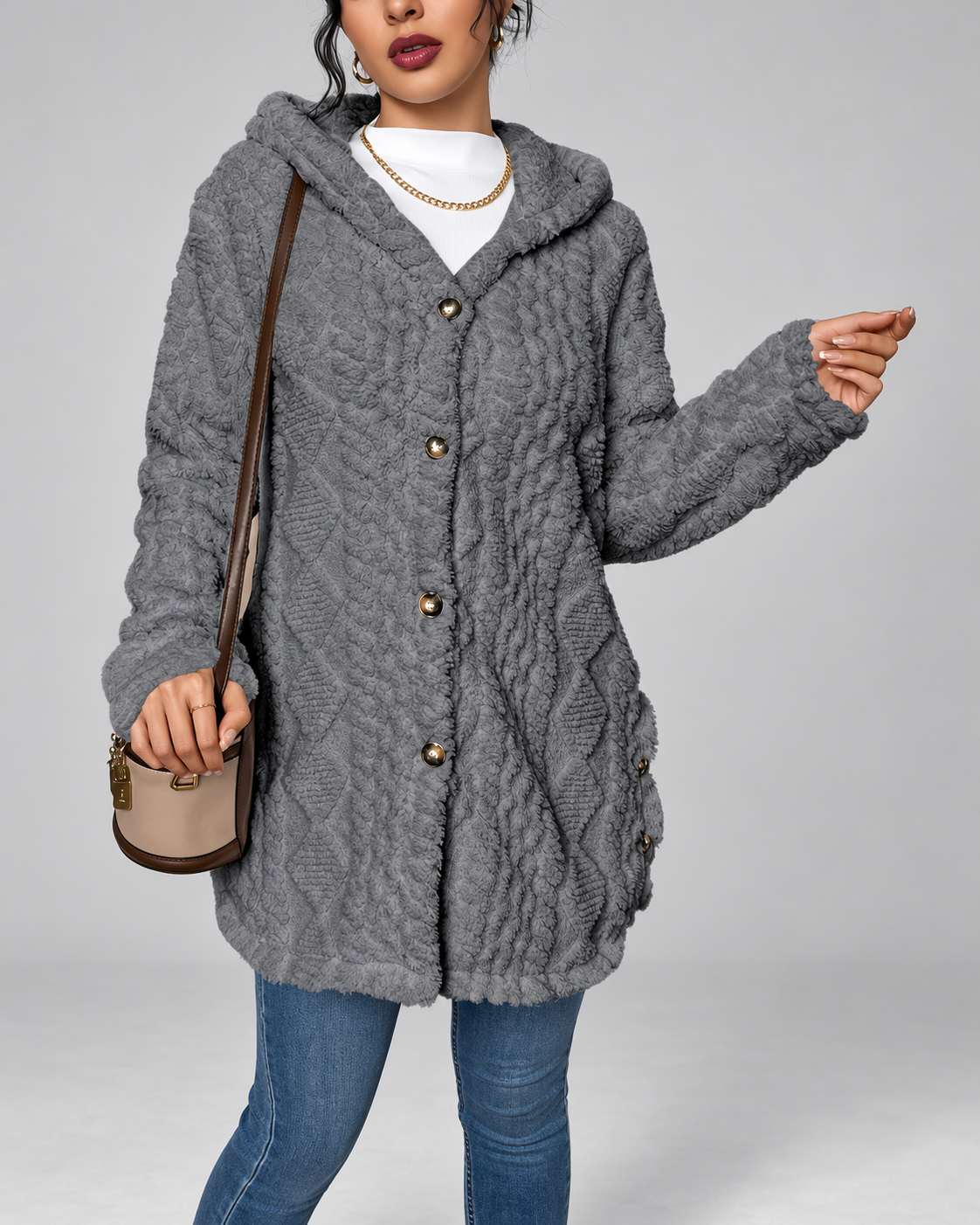 Grey longline teddy fleece cable knit jacket back