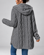 Grey longline teddy fleece cable knit jacket hood detail